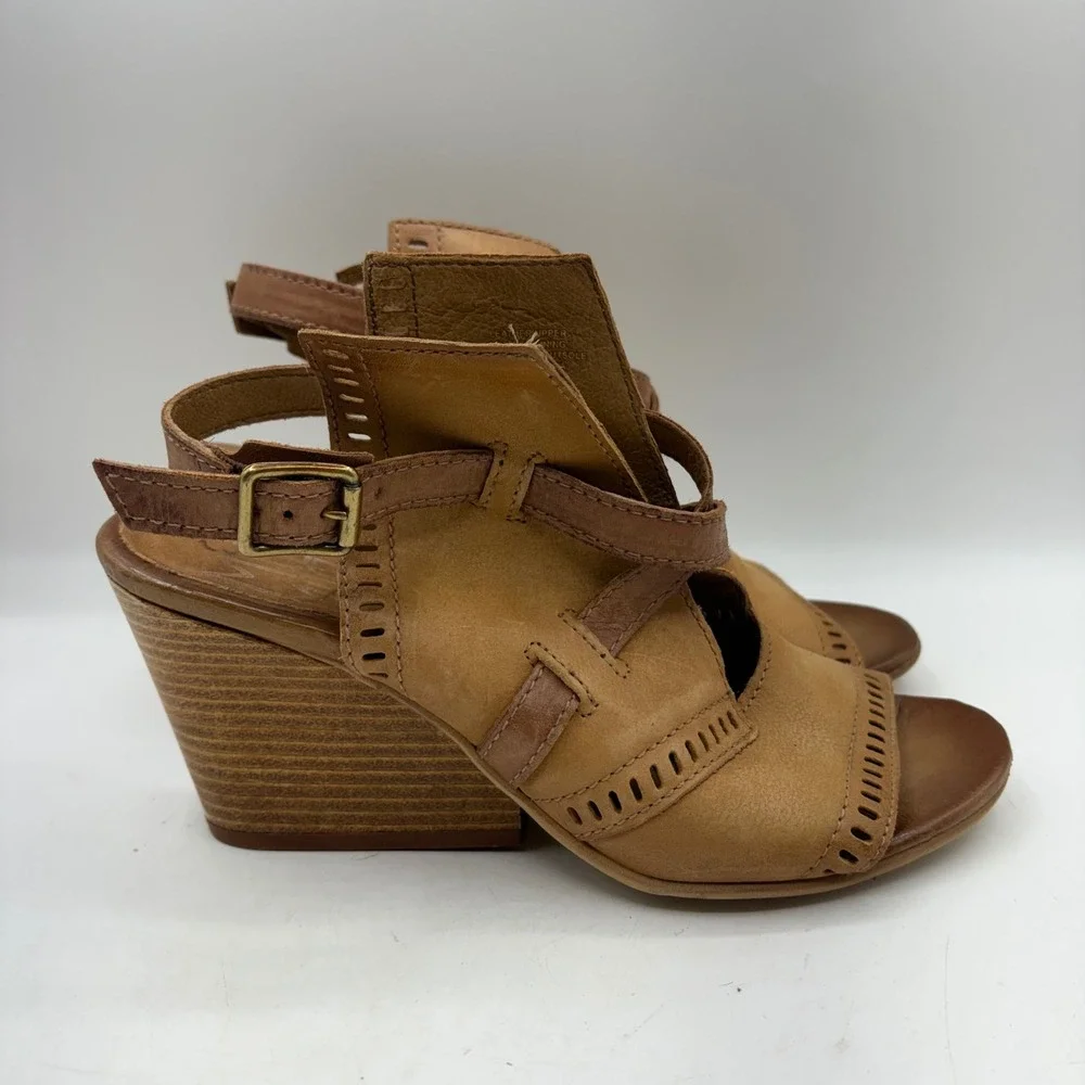 Miz Mooz Tan Leather Wedge Sandals Perforated Caged Strappy‎ Open Toe Shoes 40